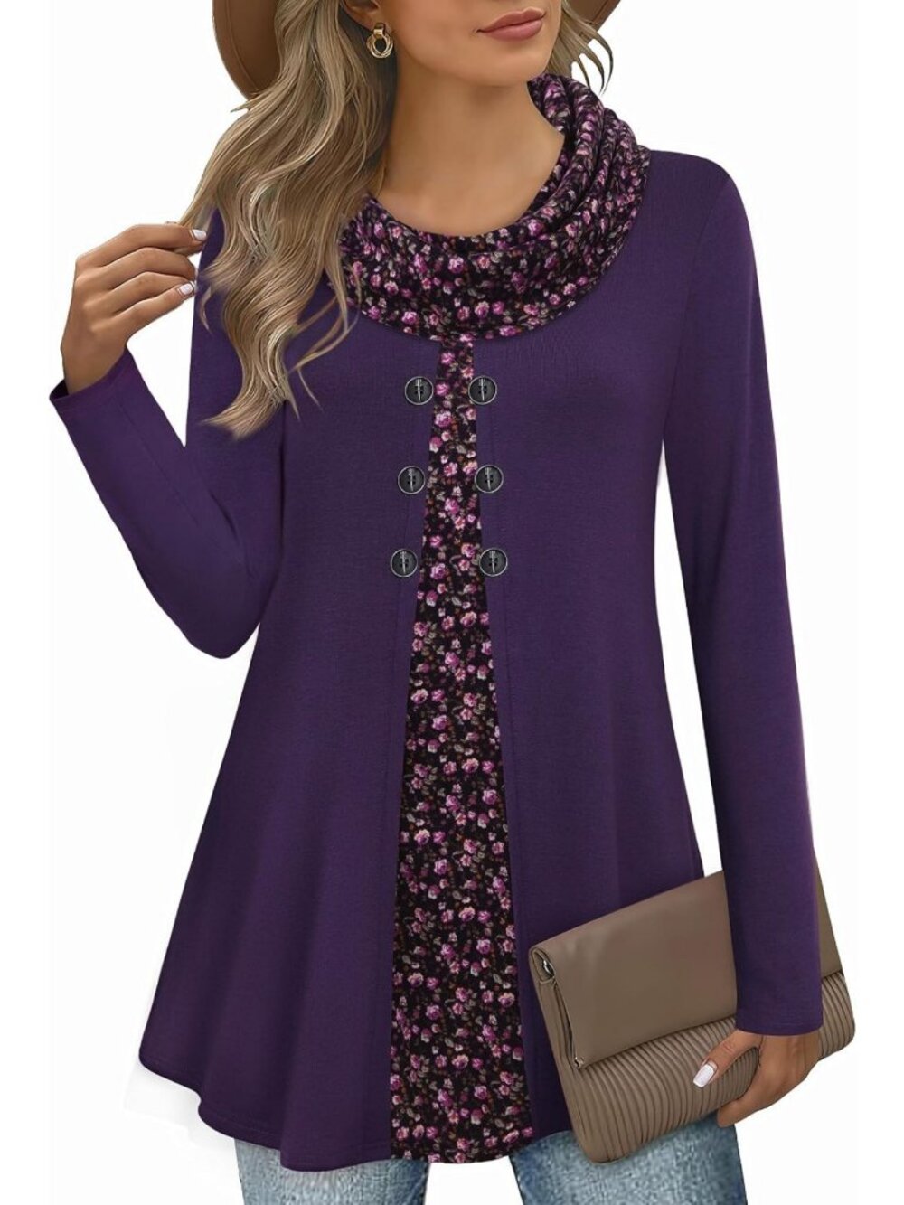Cozy Long Sleeve Cowl Neck Tunic Top with Buttons - Warm Splicing Design for